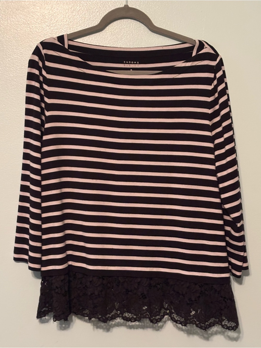kate spade Black and Light Pink Striped Long Sleeve Top with Lace Trim